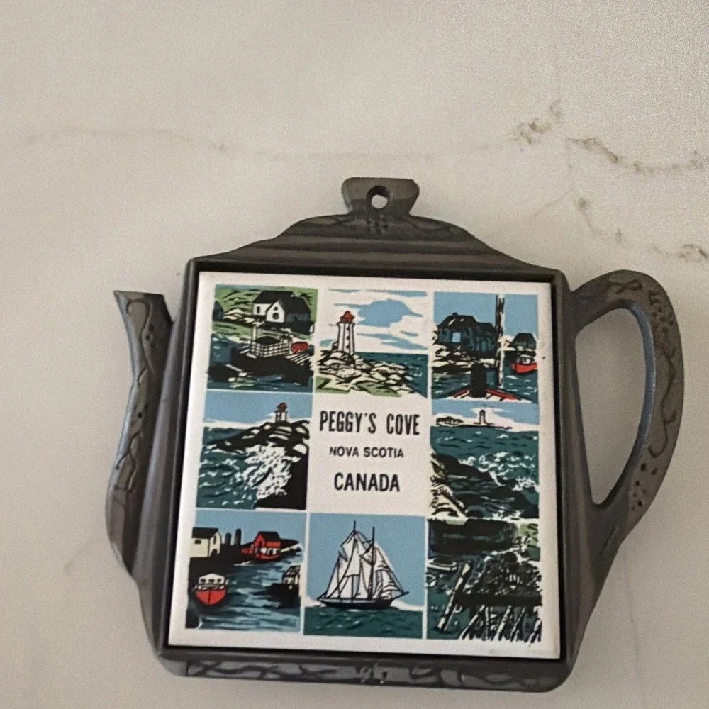 Vintage Peggy's Cove Nova Scotia trivet cast iron & tile hot pad wall decor 80s